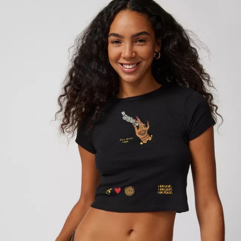 Urban Outfitters x Ron Bass Black Graphic Crop Top: size small